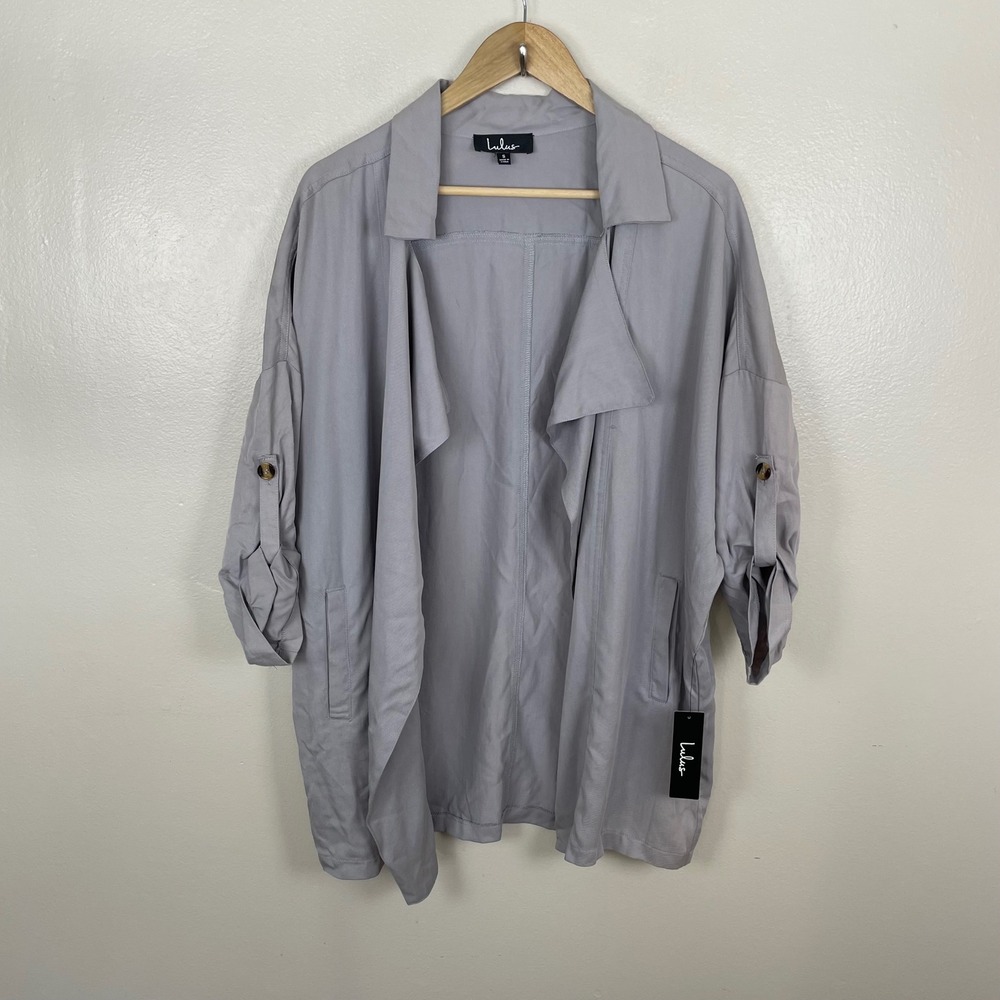 Lulus Women's Small Jacket Grey Draped Open Front Roll Tab Sleeve Tencel T42